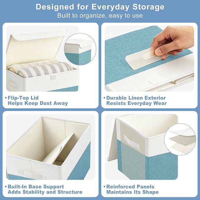 Large 22 Quart Linen Fabric Foldable Storage Bin Cube Organizer Basket with Flip-Top Lid & Handles, Clothes Blanket Box for Home, Office, Closet, Teal & White, 4 Pack 14.6 x 9.5 x 9.5
