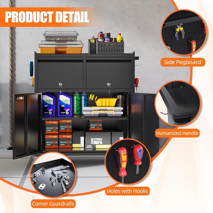 Metal Tool Cabinet with 2 Drawers, Adjustable Shelf & Wheels, Black | Rolling Garage Storage Cabinet with 2 Doors for Tools and Workshop