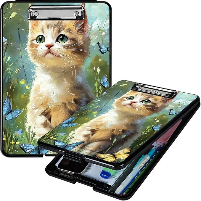 Heavy Duty Storage Clipboard, Slim Nursing Clipboard with Internal Pen Case, Portable File Organizer Case for A4 Letter Size Paper Office Medical Professionals, Lawn Cat Butterfly