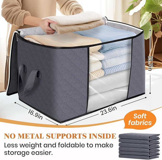 90L Clothes Storage, Foldable Thick Fabric Blanket Storage Bags | Foldable Containers with Zippers,Window and Handles for Organizing Bedroom, Closet, Comforter, Bedding,Dorm essentials