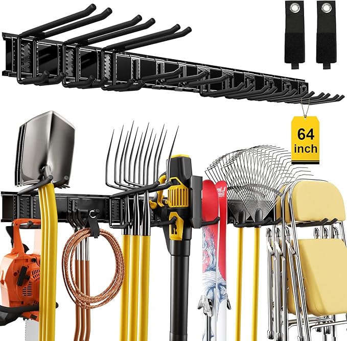 64" Garage Wall Tool Organizer, 900 Lbs Heavy Duty Steel Garden Tool Storage Rack & Garage Organization for Yard, Shed, Garage - 12 Longer & Thicker Hooks + 2 Straps
