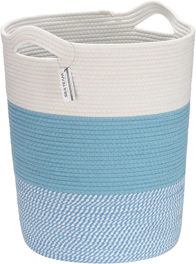Sea Team Large Woven Cotton Rope Laundry Basket with Handles, 20 x 14 in | Collapsible Knitted Hamper, Closet Shelf Organizers, Containers for Clothing, Blankets, Toys, Bedding, Mottled Blue