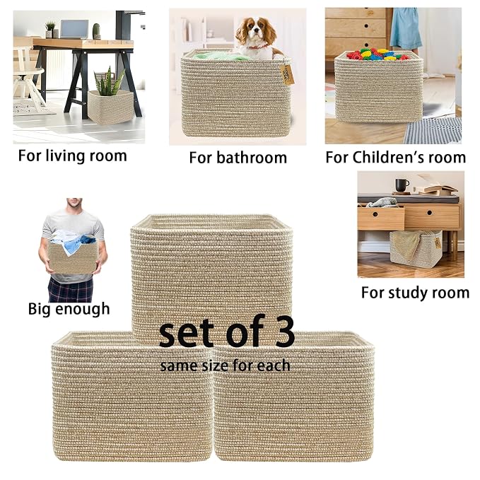 COMFY-HOMI 3PACK Cotton Rope Square Basket with Handles for Shelves| Storage|Baby Basket for GIF|Shoe Basket for Organizing|New13.5" x 11" x 9.5" for Living Room