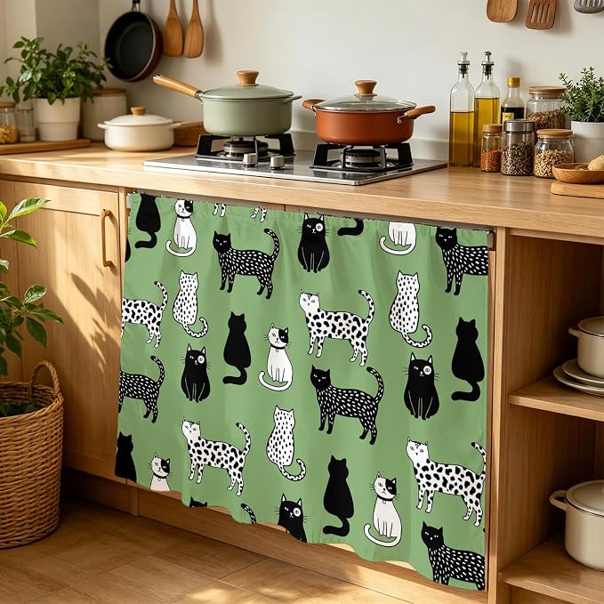 Cat Animal Cabinet Curtain 35"Wx35"L,Dustproof Under Sink Skirt with Self Adhesive Tape,Sage Green Earthy Tone Vintage Pet Modern Cabinet Curtain Cover for Kitchen Sink,Bathroom Vanity,Laundry Room