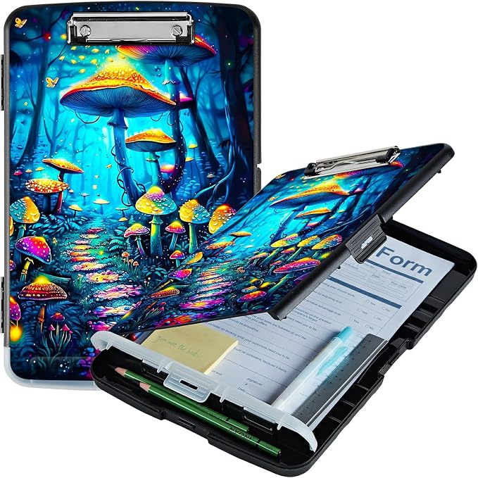 Blue Forest Mushroom A4 Clipboard with Storage Pen Holder, Clipboards Organizer Nursing Clipboard Foldable File Folder Plastic Clipboard Folio Clip Board for Office Students Classroom