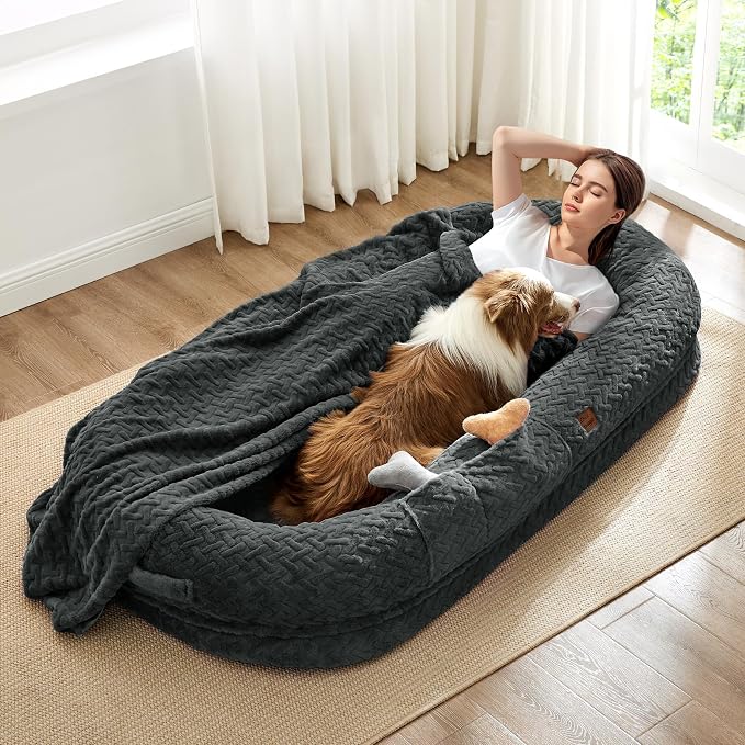 ChiXnuggle Orthopedic Human Dog Bed,with Faux Fur Washable Cover,Blanket | dark grey,72*40*10,giant dog bed for adult or extra large dogs,egg crate foam,non-slip bottom