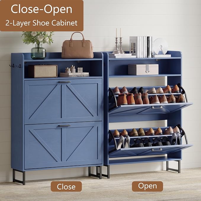Xixini Shoe Storage Cabinet with 2 Flip Drawers, Entryway Shoe Rack, Blue | Freestanding Narrow Shoe Storage, Hidden Slim Wood Shoe Organizer, Modern Farmhouse, Open Storage & Hooks for Closet, Hallway