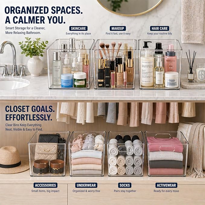 MOONEDGE 4 Pack Clear Plastic Storage Bins 11x8x6in Storage Containers | Drawer Organizer with Handles, Clear Bins for Organizing, Pantry, Kitchen, Fridge, Bath, Cabinet, Closet Shelf, Under-Sink