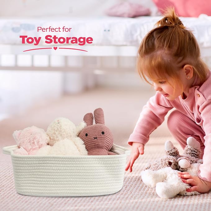 XUANGUO Medium Woven Cotton Rope Storage Basket with Handles, White | Small decorative rectangle storage bin for baby nursery items and cat toys; ideal as an empty gift basket or dog toy basket