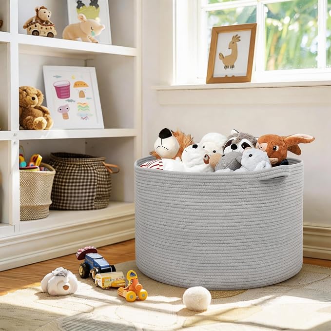 115L Super Large Gray Blanket Basket, 23.6"x15.7" Woven Cotton Rope Storage Basket for Laundry, Towel, Pillow, Oversized Kids Dog Toy Storage Bin, Grey XXXL Blanket Holder for Living Room