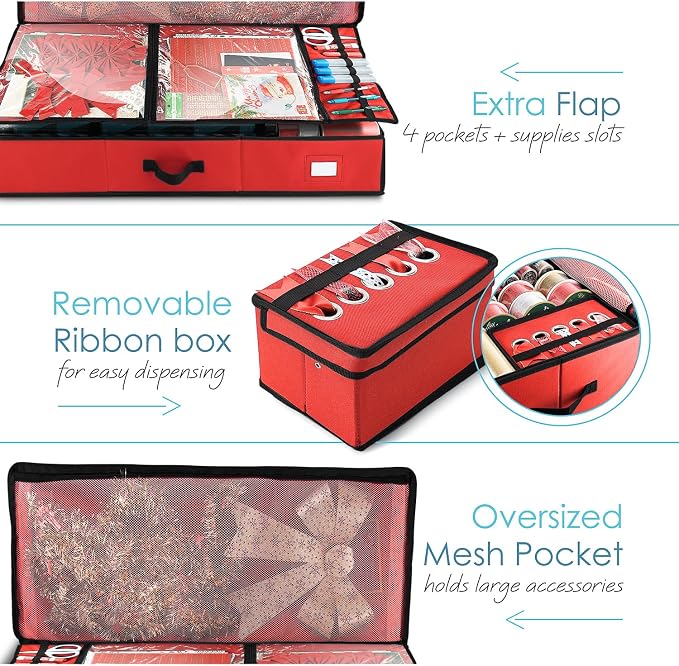 Hearth & Harbor Wrapping Paper Storage Container - Christmas Storage Bag with Ribbon Dispenser and Interior Pockets - Gift Wrap Organizer Fits Up to 26 Rolls of 40" Length, Red