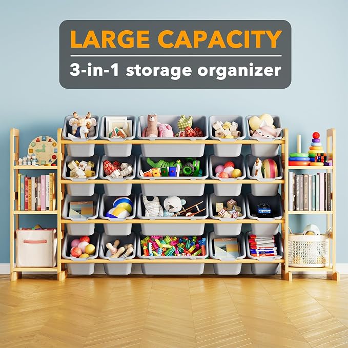 SpaceAid Toy Storage Organizer with 6 Shelves and 20 Bins, Toy Organizers Storage Bookshelf, Kids Bin Shelf Toys Box Bookcase for Bedroom Playroom Organization Room Decor, Neutral Gray