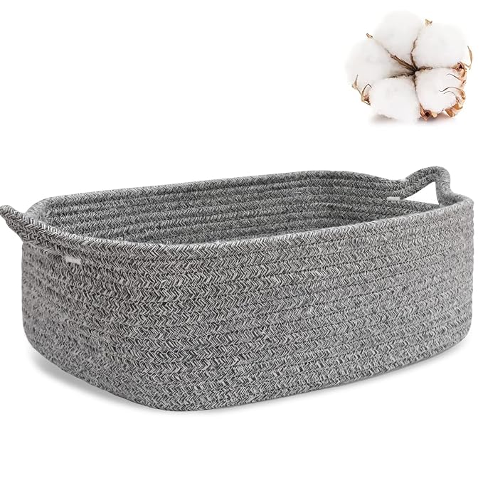 ABenkle Small Storage Basket with Handles, Cotton Rope Woven Dog Cat Toy Bin, Decorative Shelves Closet Organizing for Nursery Laundry Bedroom Bathroom, 14.2''x 11''x 5.1''