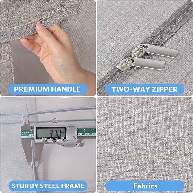 CYhom 3Pack Foldable Storage Bins - Frame Storage Box Linen Fabric Stackable Clothes Container Organizer with Clear Window & Carry Handles Large Capacity (Extra Large-100L, Light Grey)