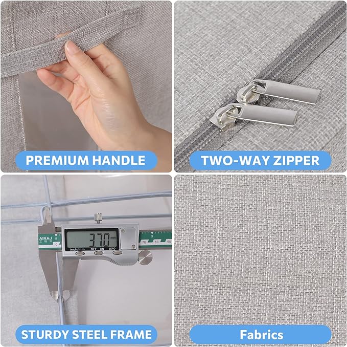 CYhom 3Pack Foldable Storage Bins - Frame Storage Box Linen Fabric Stackable Clothes Container Organizer with Clear Window & Carry Handles Large Capacity (Medium-36L, Light Grey)