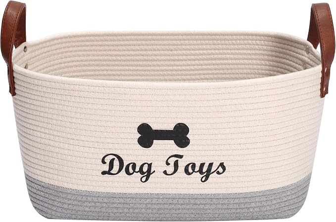 Large Cotton Dog Toy Basket, 16.5"x10.6"x7.5" - Perfect for Organizing Pet Toys, Blankets, Leashes, Coat & More - Beige Gray