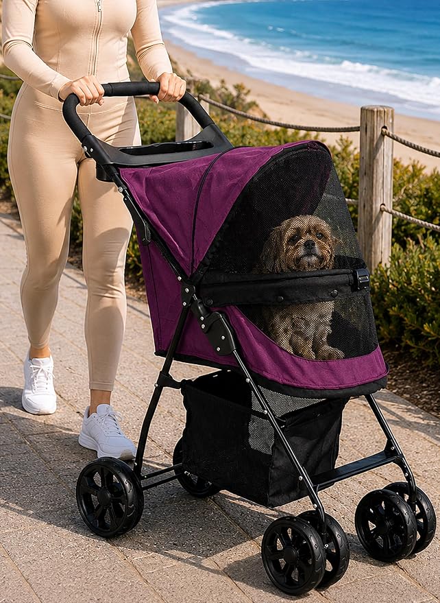 Pet Gear No-Zip Happy Trails Lite Pet Stroller, Tulip | Zipperless Entry, Easy Fold with Removable Liner, Safety Tether, Storage Basket + Cup Holder, For Cats/Dogs