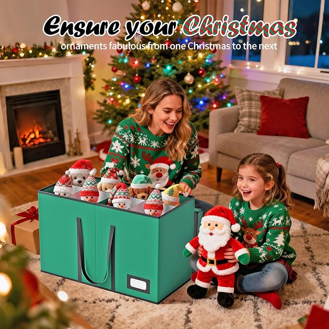 Christmas Figurine Storage Box & Nutcracker Storage Containers with Visible Lid and Dividers, Keeps 8 15"-Figurine Collectibles, Xmas Holiday Decoration Storage Bag, 600D Oxford / Tear-Proof, Green