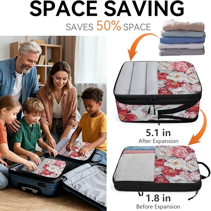Flower 6 Set Compression Packing Cubes Floral Expandable Packing Organizer for Travel Accessories Luggage Suitcase Bag