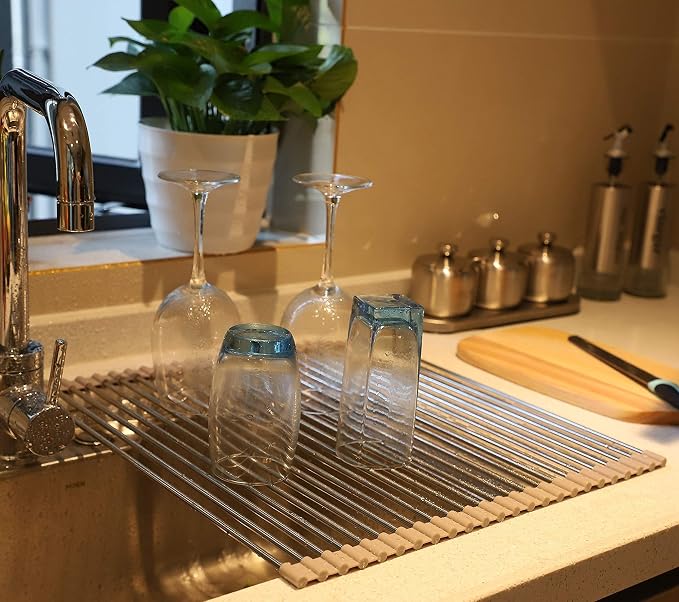 Ahyuan Roll up Dish Drying Rack Over The Sink Kitchen Roll up Sink Drying Rack Portable Dish Drainer Foldable Dish Drying Rack (Warm Gray, 17.8''X15.8'')