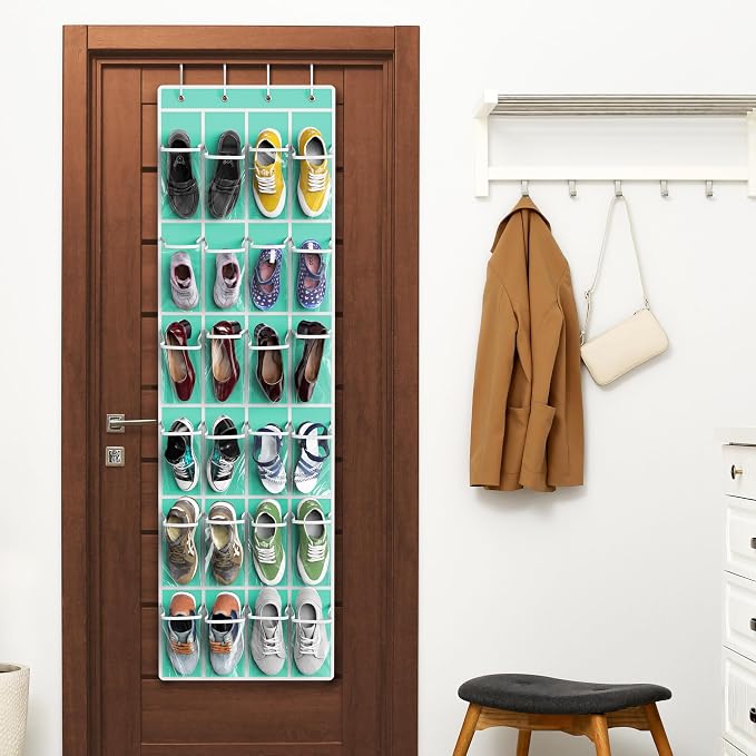 Simple Houseware 24 Pockets Clear Over the Door Shoe Organizer, Turquoise | 64" x 19", 4 Durable Metal Hooks, 4.3" x 9.5" Pocket Size, Multipurpose