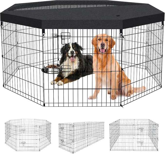 Artmalle Dog Playpen 30" H, 8 Panel 24" W Pen with Door & Octagonal Pad | Eight 24"W x 30"H rustproof metal panels with door and waterproof 600D Oxford octagonal bottom pad for indoor use.