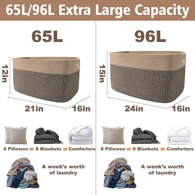 JMvicyroam 96L Large Woven Cotton Rope Blanket Basket, Jute&Black | Blanket storage for living room or bedroom use, Freestanding with reinforced handles, Entire basket is machine washable