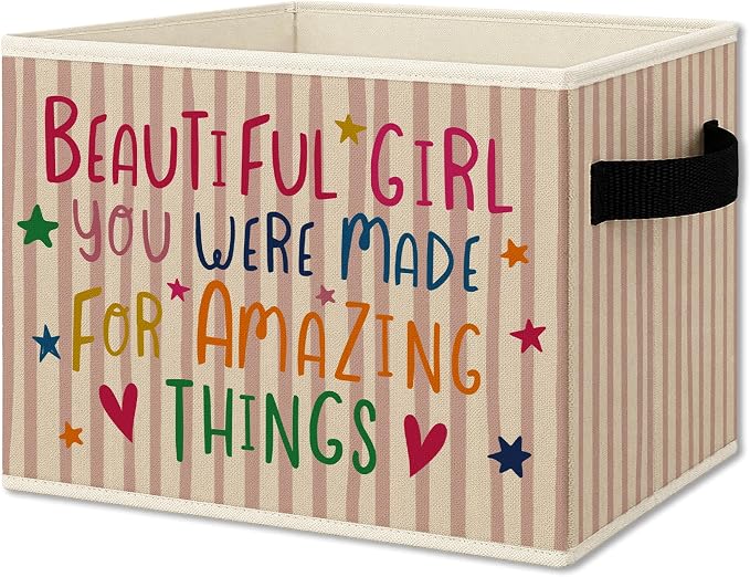 Girl Nursery Motivational Cube Storage Bins with Handles, Girls Affirmation Pink Collapsible Fabric Storage Basket Boxes Books Clothes Organizer for Girl Nursery Room Bedroom Bathroom