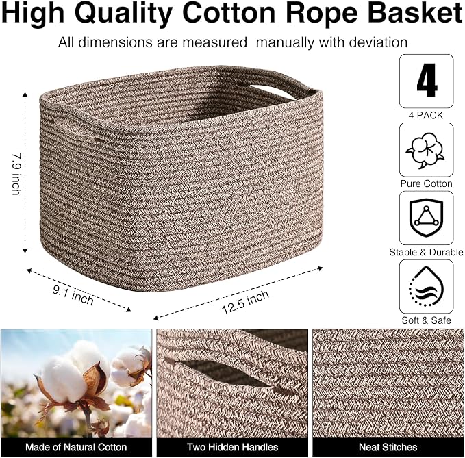 ICERZCZ Storage Baskets for Organizing 12.5x9.1x7.9 Mixed Dark Brown | Storage Bins for Shelves, Woven Cotton Rope Basket for Books Toys Clothes Bedroom Living Room Nursery Bathroom, 4 Packs