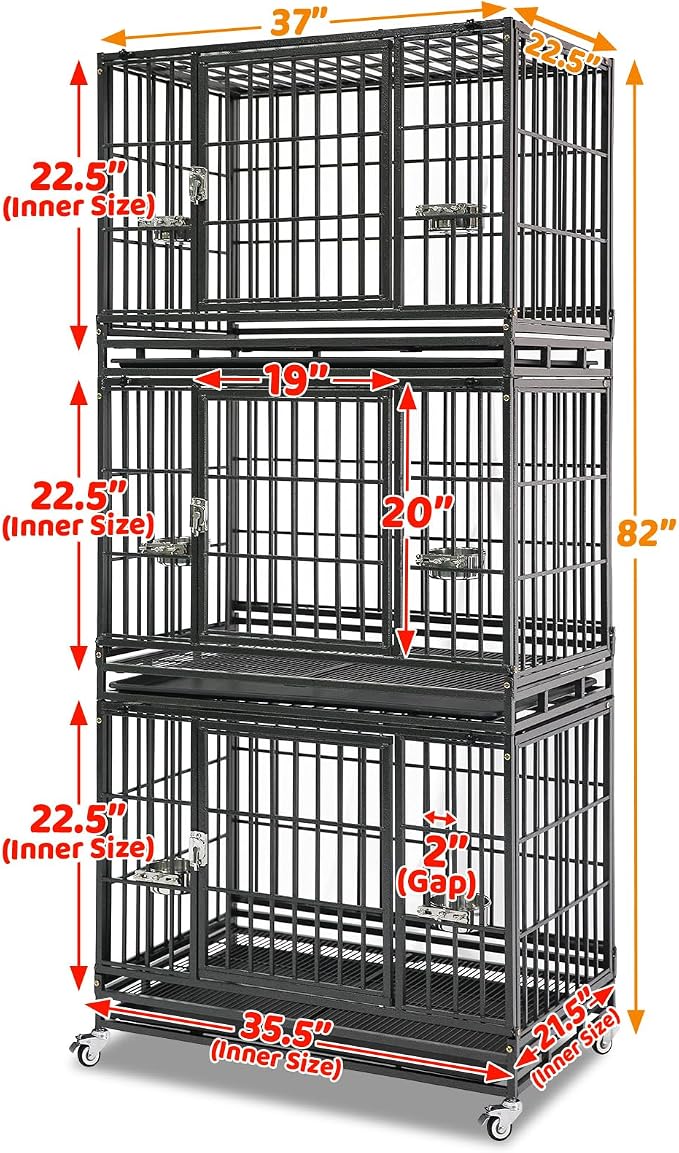 Homey Pet 37 Inch Three Tiers Stackable Dog Crates for Medium Dogs | Indestructible Heavy Duty Dog Crate Cage with Lockable Wheels, Removable Tray, Opent Top, Escape Proof Locks, Bowls