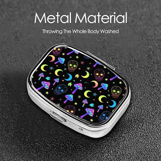 2 Compartments Travel Pill Organizer Daily Pill Case Goth Moon Mushrooms and Human Skulls Small Pill Box for Pocket Purse Portable Pill Container Medicine Vitamin Organizer