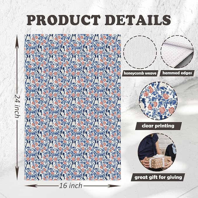 Chicimln Chinoiserie Floral Papillon Dog Kitchen Towels, Papillon Dog Gifts Decorative Hand Towels for Bathroom, Red and Blue Dogs Dish Tea Towel Drying Cloth for Kitchen Decor, 16x24 Inch