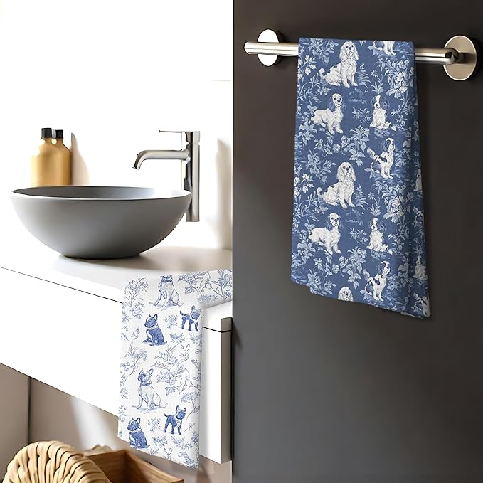 Chinoiserie Cavalier King Charles Spaniel Kitchen Towels Set of 2,Blue and White Floral Cavalier Spaniel Decorative Hand Towels,Grandmillennial Dog Hand Towels for Kitchen Bathroom,16x24 Inch