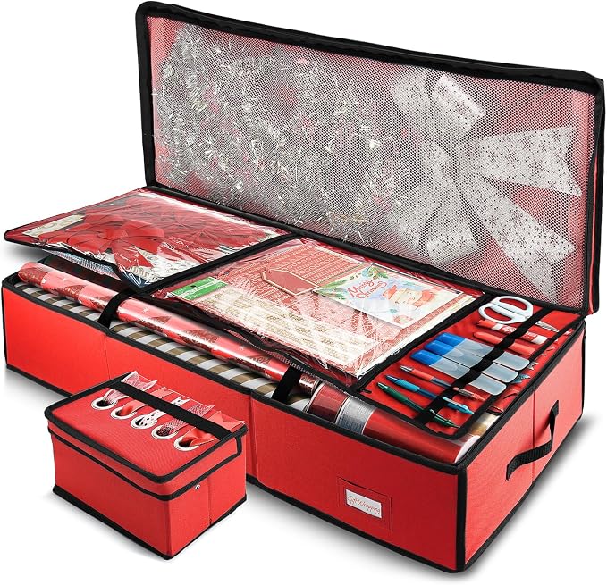 Hearth & Harbor Wrapping Paper Storage Container - Christmas Storage Bag with Ribbon Dispenser and Interior Pockets - Gift Wrap Organizer Fits Up to 26 Rolls of 40" Length, Red