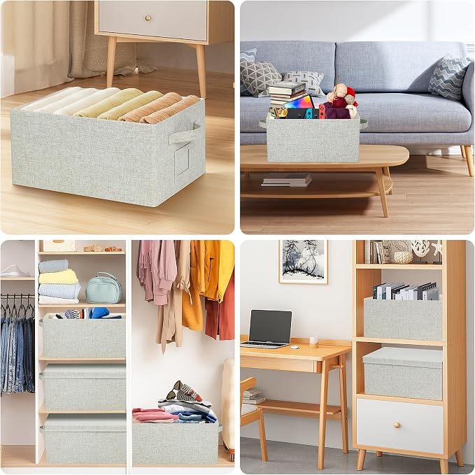 Storage Bins With Lids Closet Organizer Cabinet Box For Clothes,Toys,Shelf | 2 Pack, 17"X 12"X 2", Collapsible, Stackable, Dustproof, Built-In Handle, Label Slot, Linen Fabric, Cardboards, Gray-Green