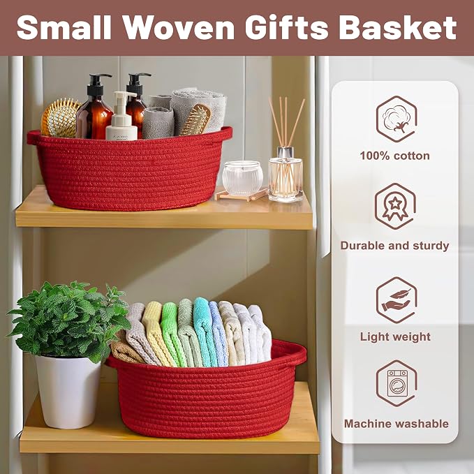 Bufims Small Woven Red Gifts Basket for Storage Empty with Ribbons and Bags Durable Cute Gifts 12"X 8" X 5" Small Rope Basket for Gifting