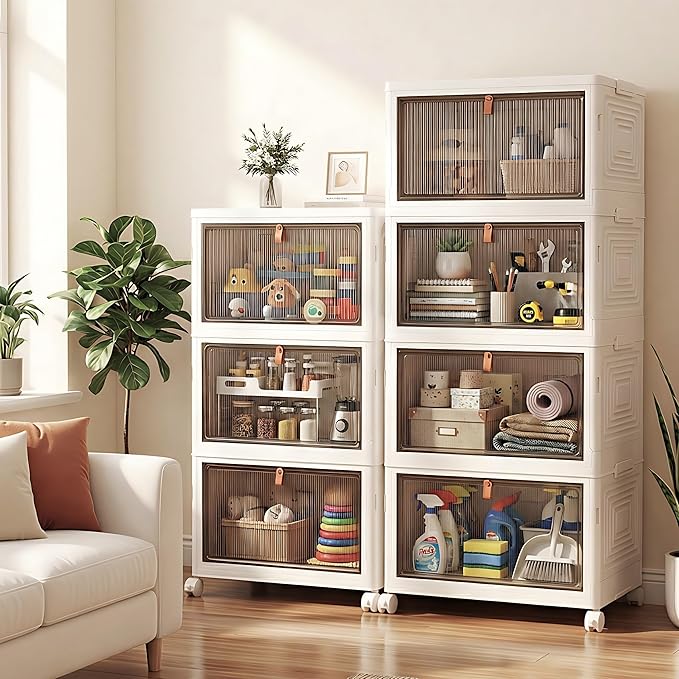 LDQ 136Qt Large Storage Bins with Lids, 4 Tier Stackable Storage Cabinet with Wheels & Clear Doors, Foldable Plastic Closet Organizer for Bedroom, Bathroom & Kitchen