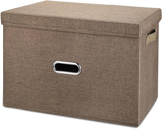 Large Linen Fabric Foldable Storage Bins with Removable Lid and Handles, Washable Storage Box Organizer Containers Baskets Cube with Cover for Bedroom,Closet,Office (Coffee, Extra Large)