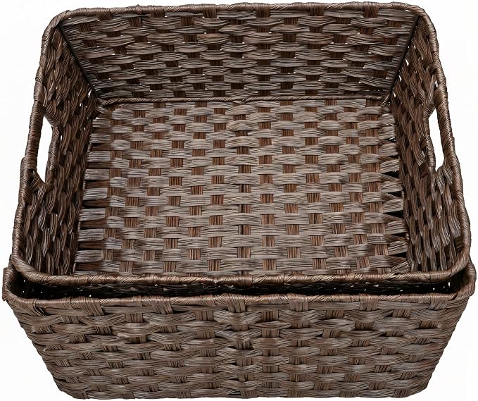 Large 2-Pack Plastic Wicker Storage Baskets, 17"x13"x5.5", Brown | onlytak Woven Baskets for Laundry, Closet, Living Room, Shelf Organization, Cat Bed