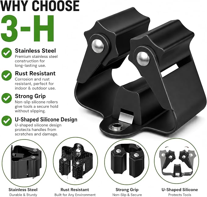 3-H Broom Holder Wall Mount 12 Pack, Heavy Duty Stainless Steel Mop and Broom Organizer Clips, Strong Grip Wall Mount Holders for Garage, Garden, Laundry Room & Utility Closet, Black