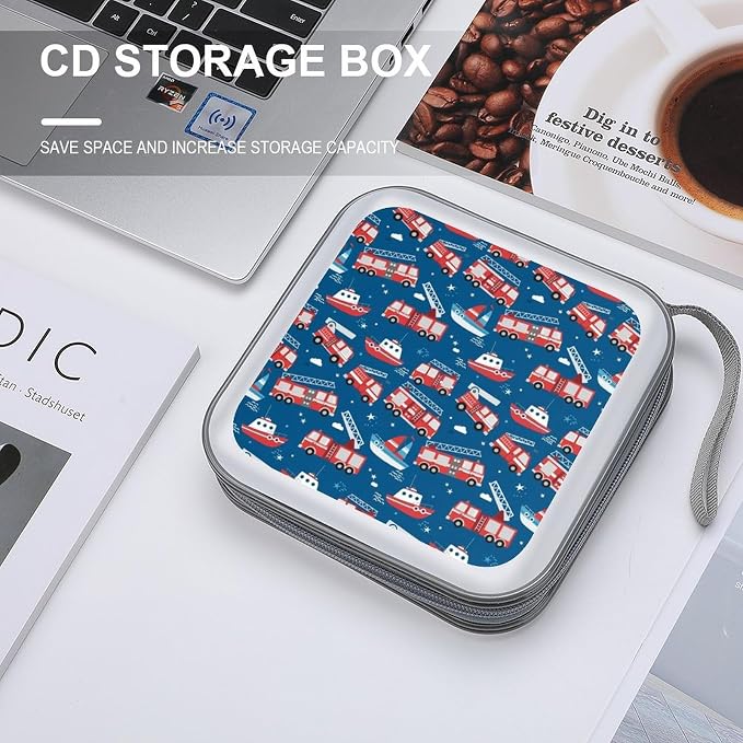 40-Disc Capacity CD/DVD Case Firetrucks Fire Trucks, Hard Plastic Protective Storage Binder with Zipper, Portable Organizer for Car Home Office