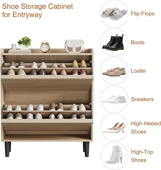 GarveeHome Shoe Cabinet with 2 Flip Drawers, Wooden Shoe Organizer Cabinet with Adjustable Shelf, Shoe Storage for Entryway, Hidden Shoe Cabinet for Hallway, Living Room, Natural Oak