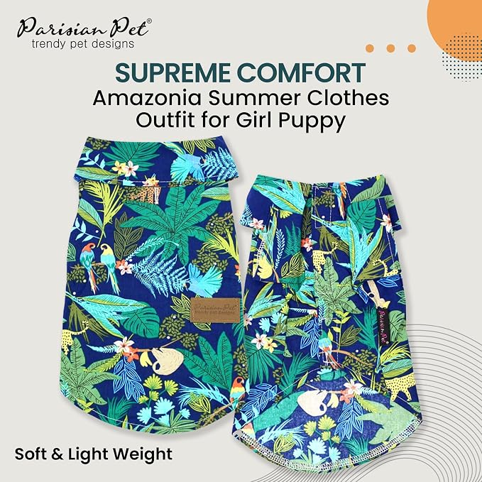 Parisian Pet Amazonia Dog Shirt - Cotton Clothes for Small Dogs - Stylish Tropical Dog Outfit - Lightweight and Soft Puppy Clothes - Trendy Tshirts for Dogs - Comfortable Summer Pet Apparel
