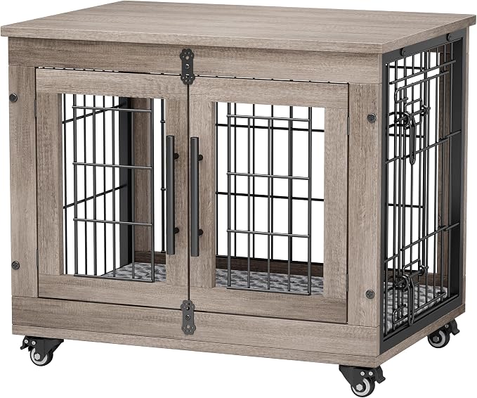 YaFiti Dog Crate Furniture, 27.2" Wooden Indoor Dog Kennel, Grey | for Small Dogs, Up to 30 lb, Cushion, Wheels, Double Doors, Furniture Style, Side End Table, Decorative Pet Cage House