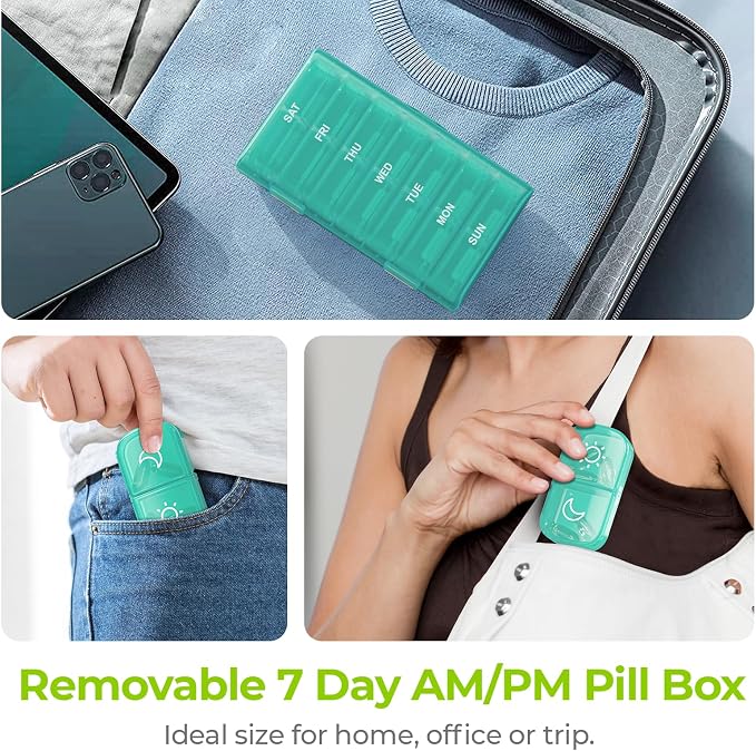 AUVON Weekly Pill Organizer 2 Times a Day, One-Sided Opening, Easy to Use | AM PM Pill Case, XL Pill Box 7 Day, Travel Medication Organizer for Medication, Vitamins, Fish Oils, Supplements, Cyan