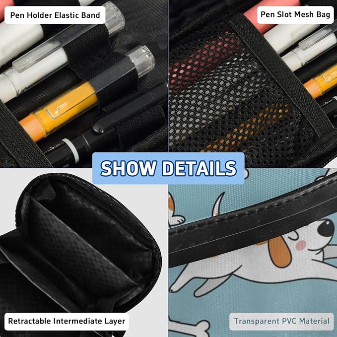 Pets Dogs Blue pattern Large Capacity Pencil Case with Zipper Water Resistant Portable Organizer Pen Bag for Office Students School