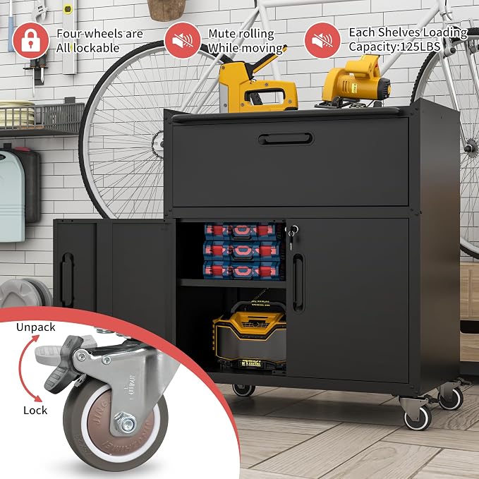 Metal Mobile Tool Storage Cabinet with 2 Locking Door and 1 Drawer | Black Heavy Duty Rolling Tool Cabinets for Garage,Metal Storage Cabinets with Wheels,Assembly Required