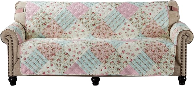 Brilliant Sunshine Pink & Green Roses Patchwork Loveseat Cover, 54" seat | Quilted Sofa Cover, Living Room & Bedroom Furniture Protector, Large Washable Love Seat Slipcover for Pets, Dogs & Cats