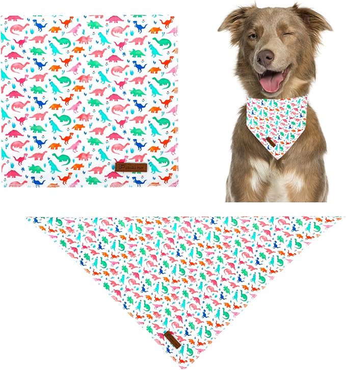 Dinosaur Dog Bandana - Comfortable Cotton Triangle Bid Scarf for Medium Large Dogs - Washable Pet Kerchief for Boys and Girls - Colorful Cute Classic Dinosaur Design