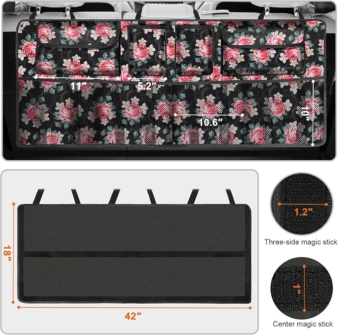 Car Trunk Organizer, Super Capacity Backseat Car Organizer for SUV/Truck/MPV(42"*18"), Hanging Car Storage Organizer with 8 Pocekts, Car Accessories for Women and Men- Floral